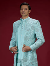 Sky blue heritage embroidered indo western for men