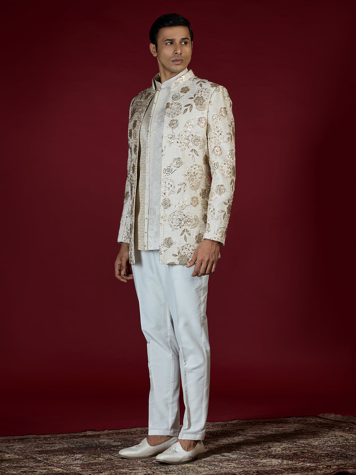 Cream brocade embroidered indo western for men