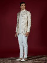 Cream brocade embroidered indo western for men