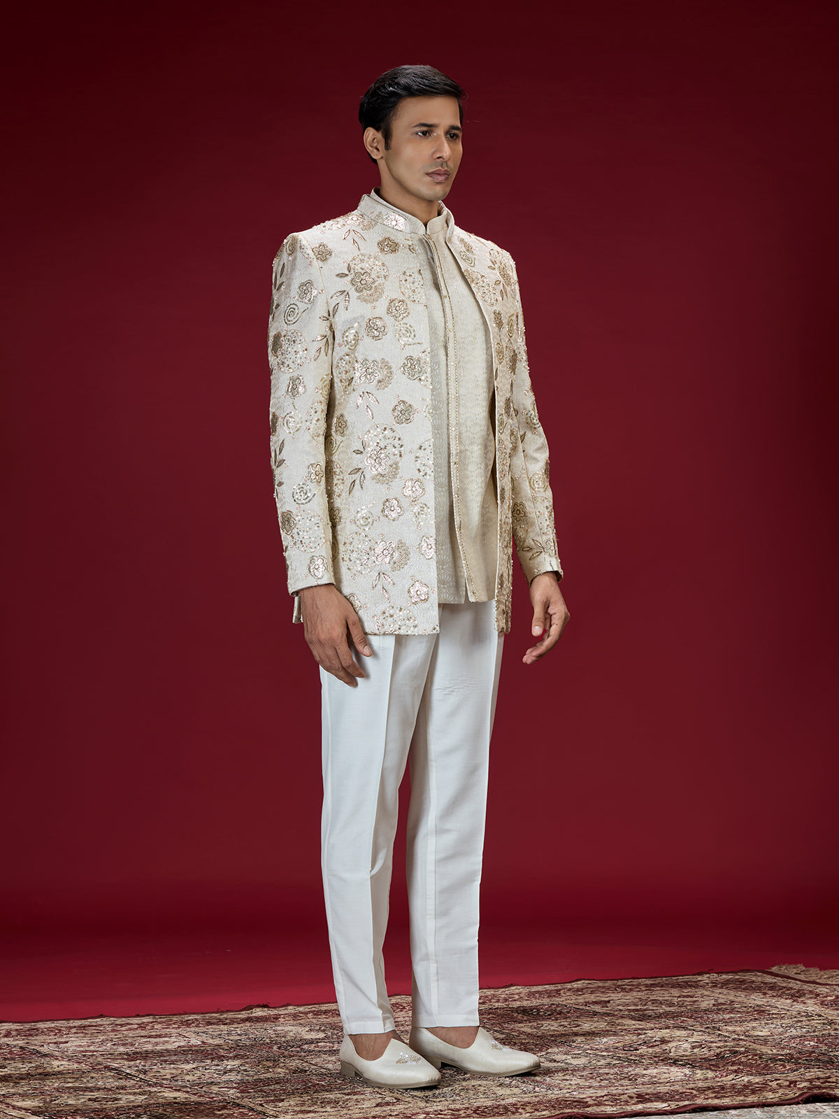 Cream brocade embroidered indo western for men