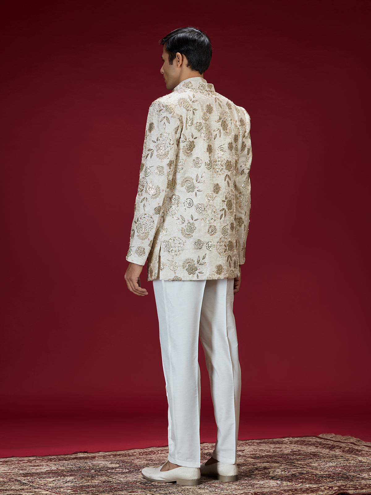 Cream brocade embroidered indo western for men