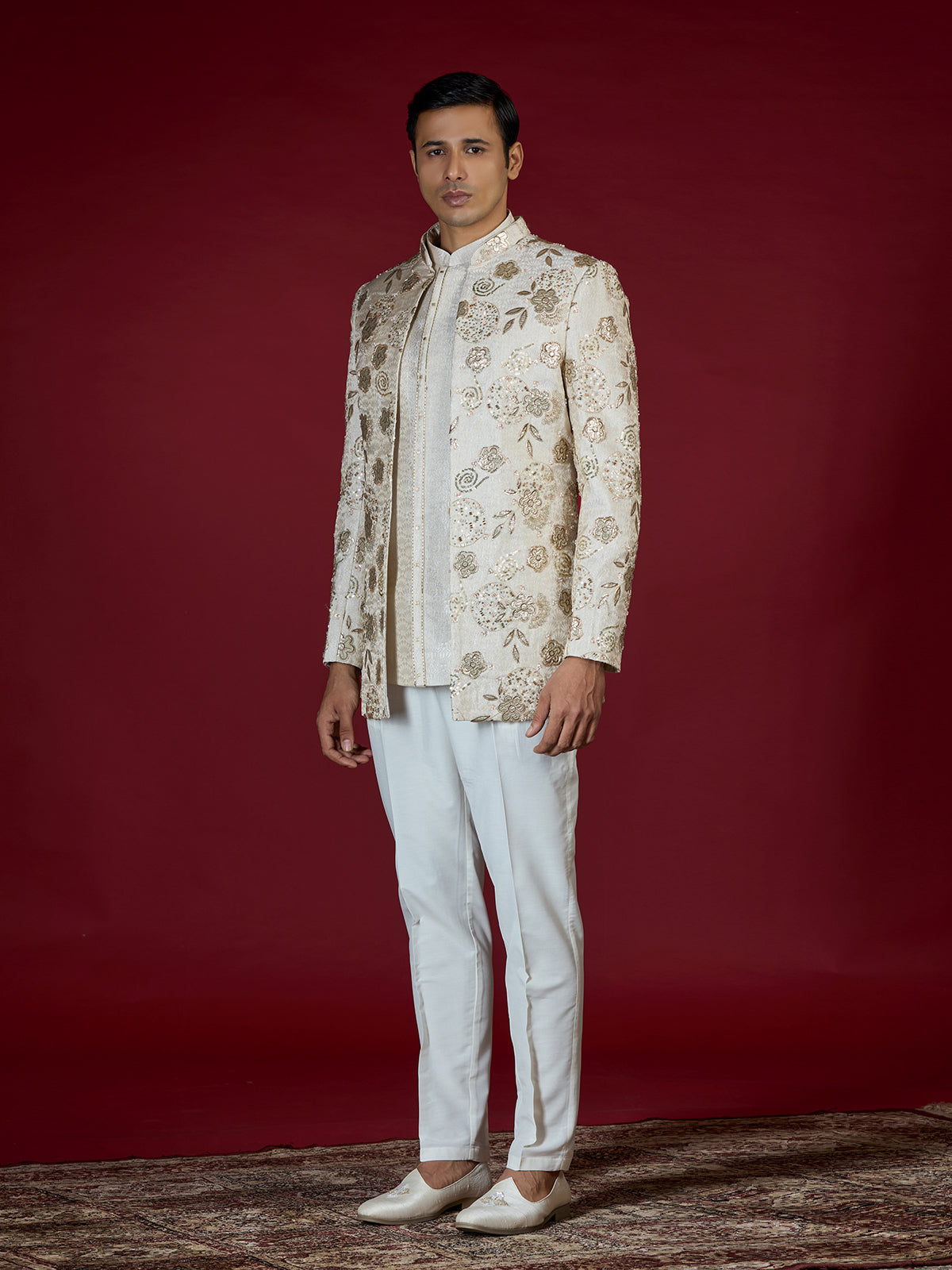 Cream brocade embroidered indo western for men