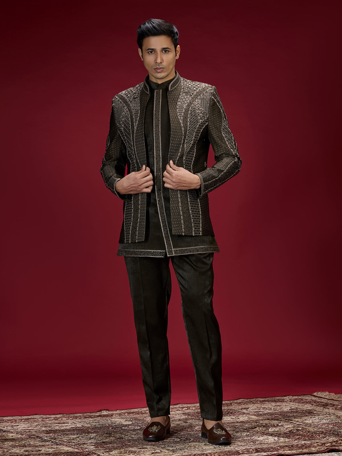 Deep green geometric embroidered indo western for men