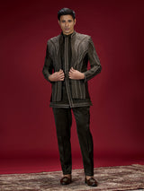 Deep green geometric embroidered indo western for men