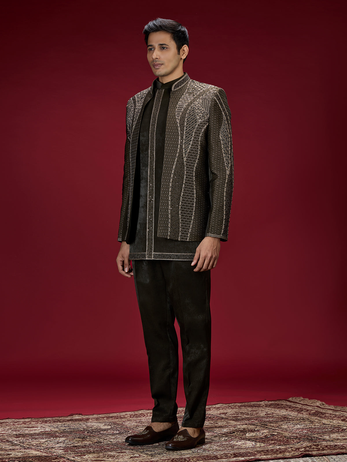Deep green geometric embroidered indo western for men
