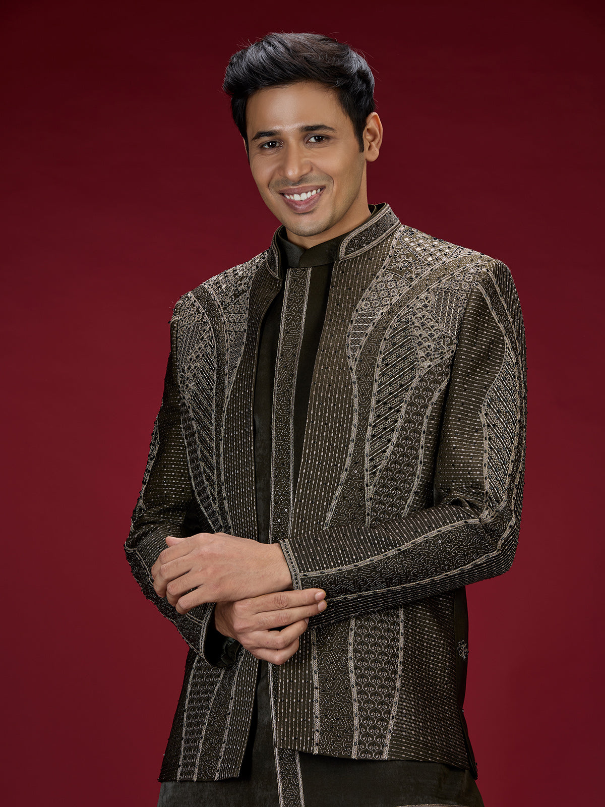 Deep green geometric embroidered indo western for men