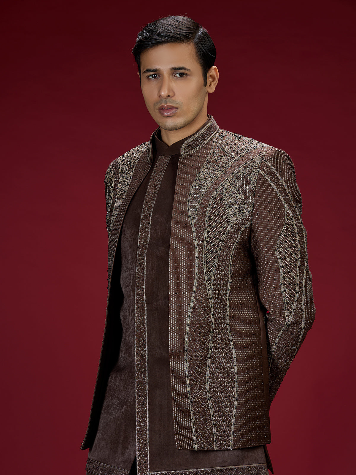 Brown geometric satin indo western for men