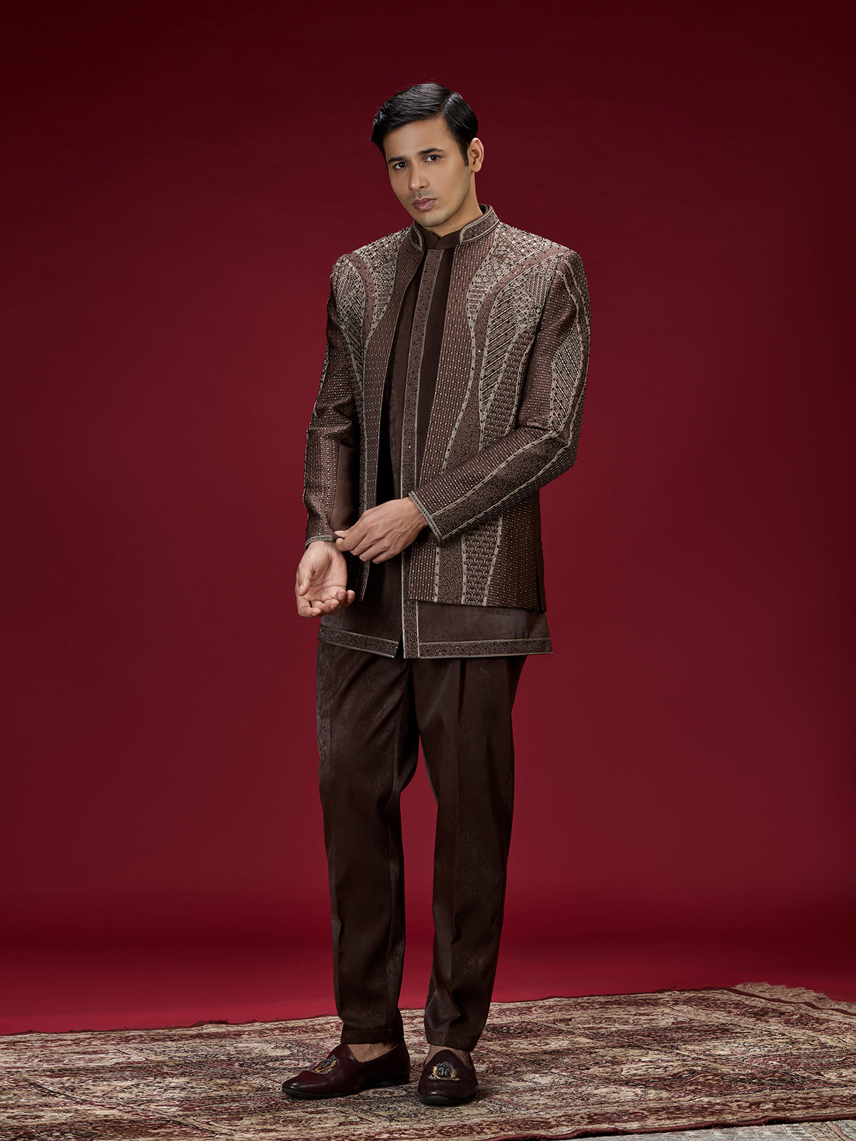 Brown geometric satin indo western for men