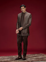 Brown geometric satin indo western for men