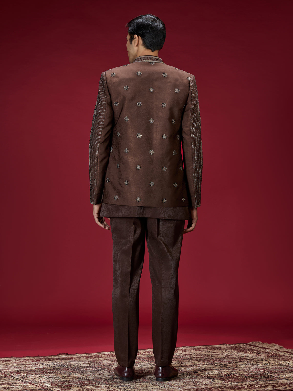 Brown geometric satin indo western for men