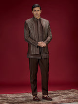 Brown geometric satin indo western for men