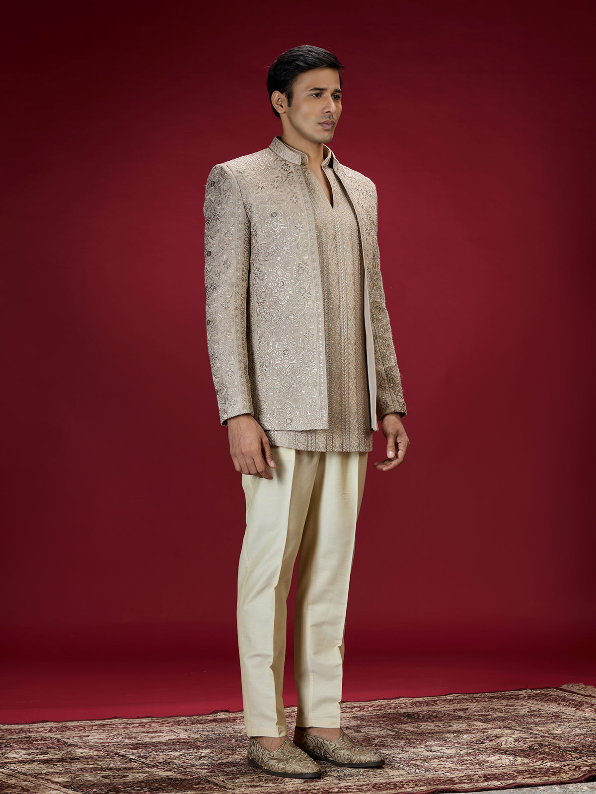 Champagne gold floral lattice indo western for men