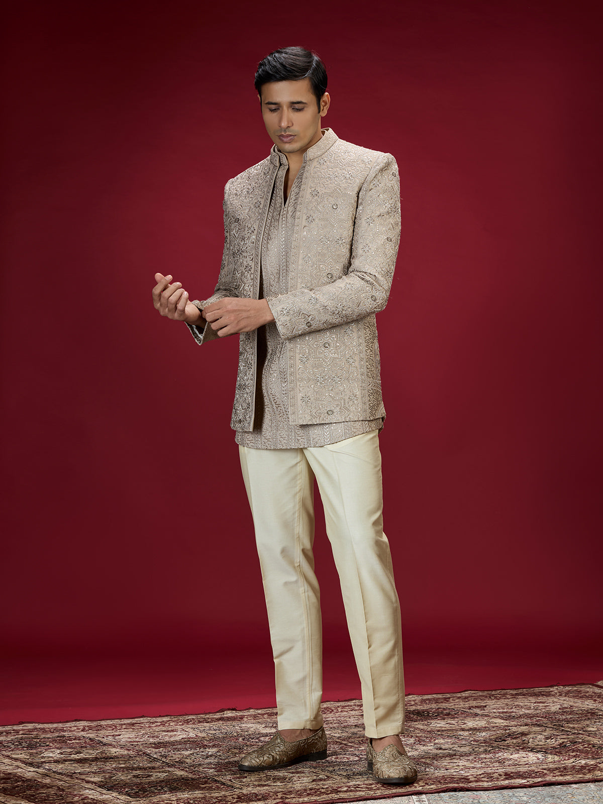 Champagne gold floral lattice indo western for men