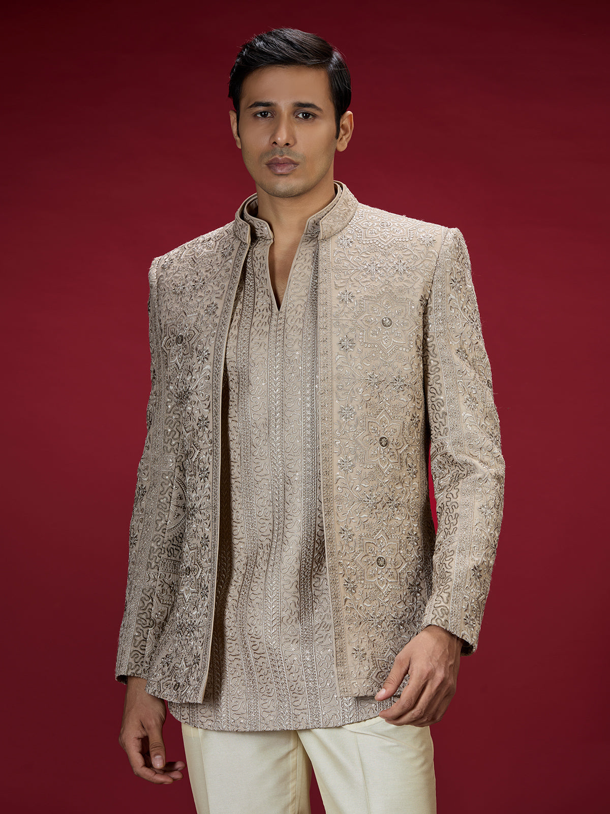 Champagne gold floral lattice indo western for men
