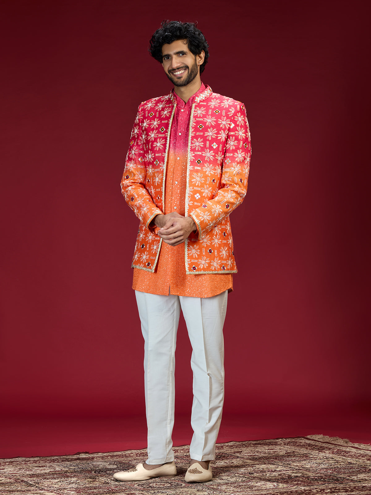Pink orange ombre bandhani indo western for men