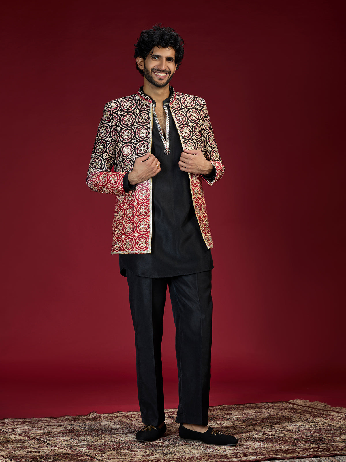 Black ajrakh embroidered indo western for men
