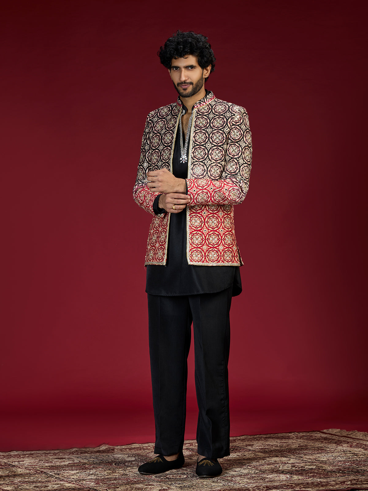 Black ajrakh embroidered indo western for men