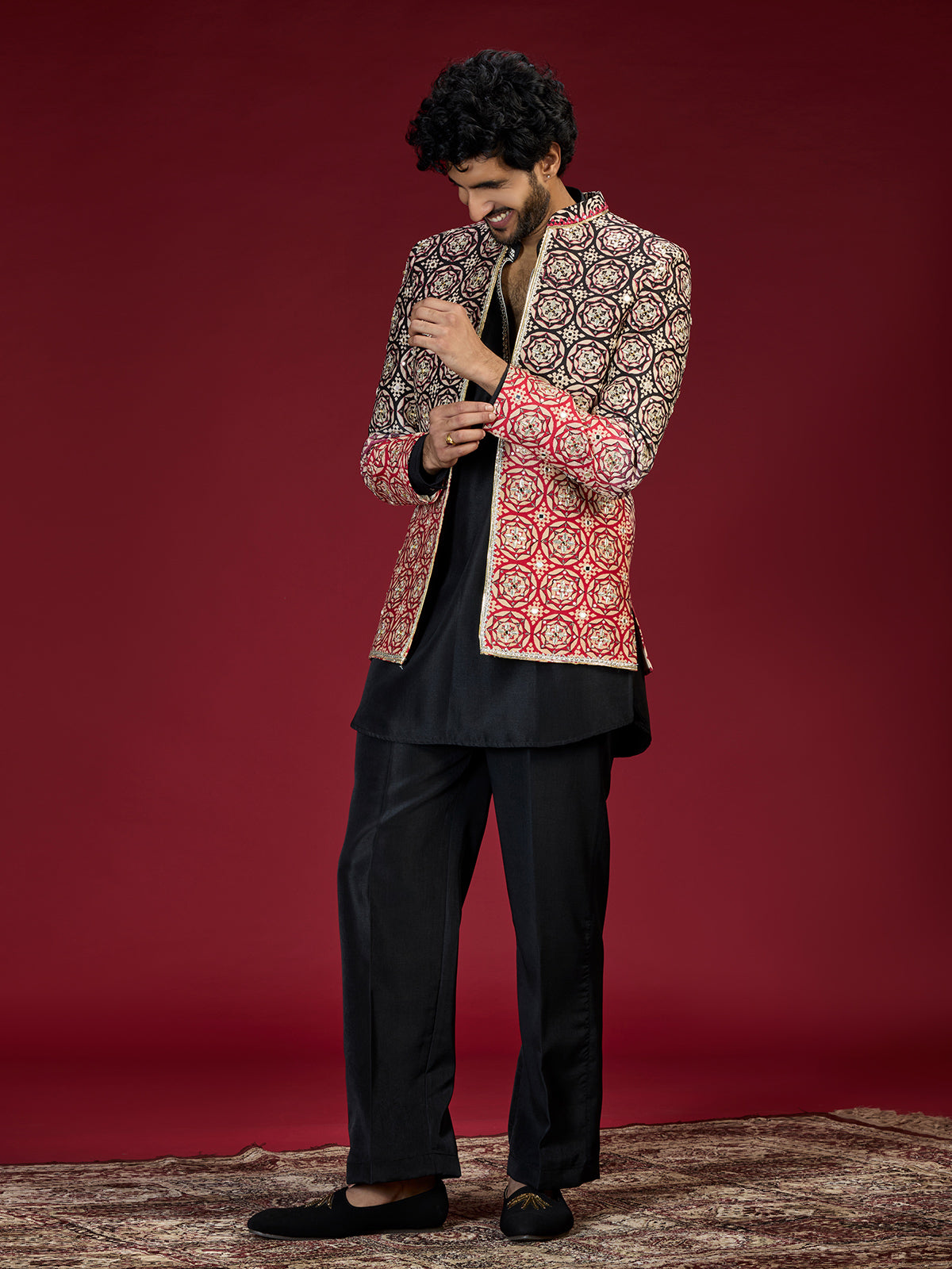 Black ajrakh embroidered indo western for men