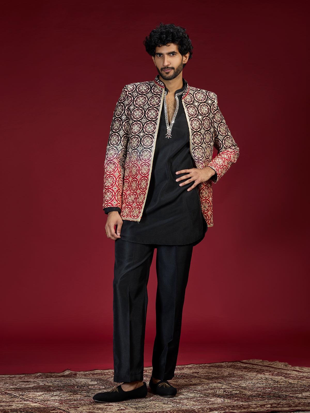 Black ajrakh embroidered indo western for men