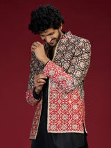 Black ajrakh embroidered indo western for men