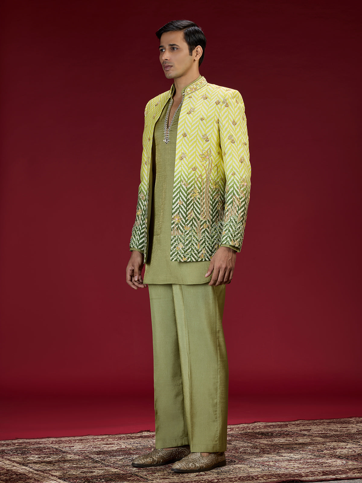 Green ombre jacquard indo western for men