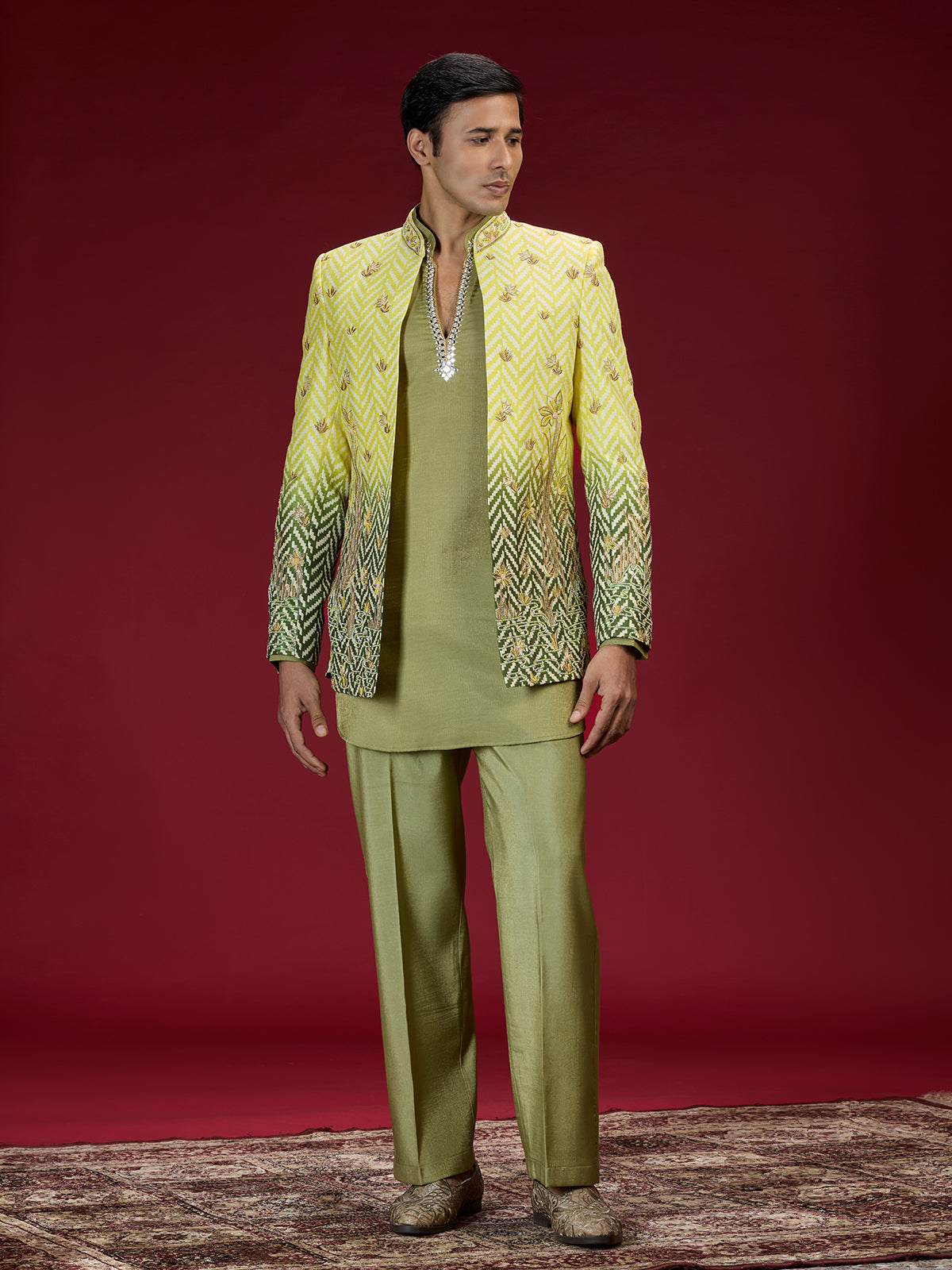 Green ombre jacquard indo western for men