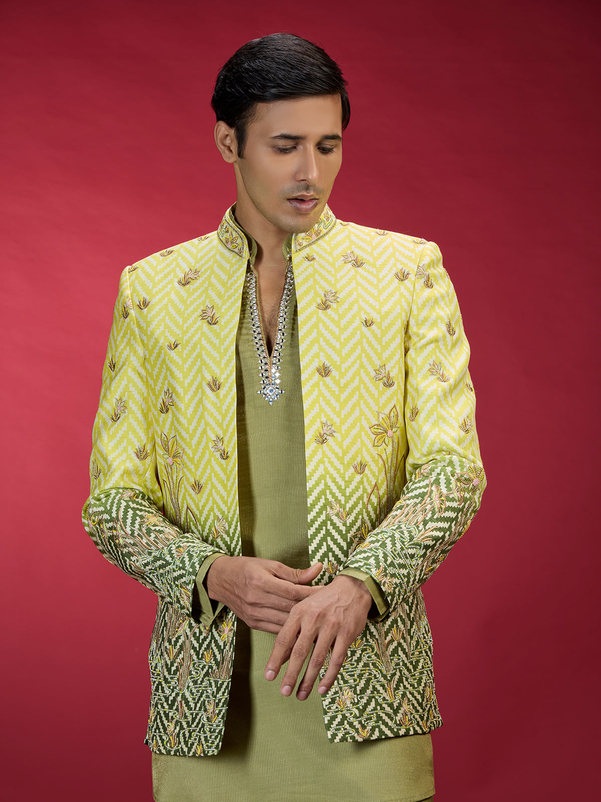 Green ombre jacquard indo western for men