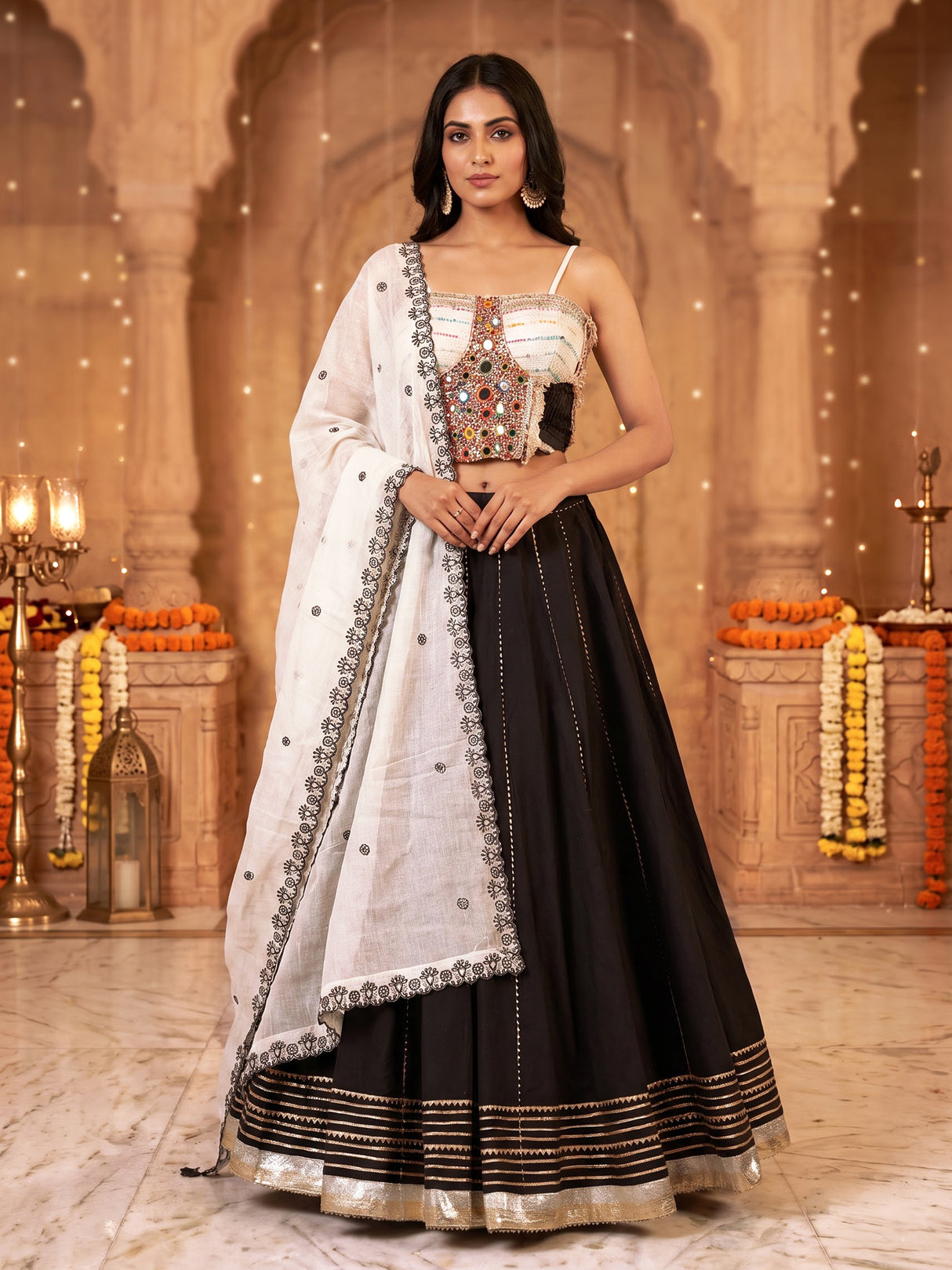 Black cotton silk blend lehenga choli with exquisite gota embellishments