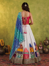 White silk blend lehenga choli with intricate traditional embellishments