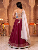 Maroon cotton silk blend lehenga choli with ornate gota embellishments