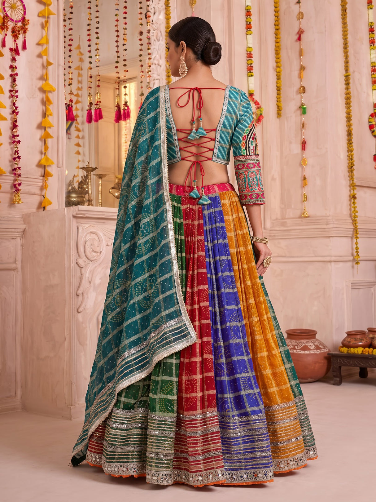 Multicolor georgette lehenga choli with bandhani printed contrast dupatta