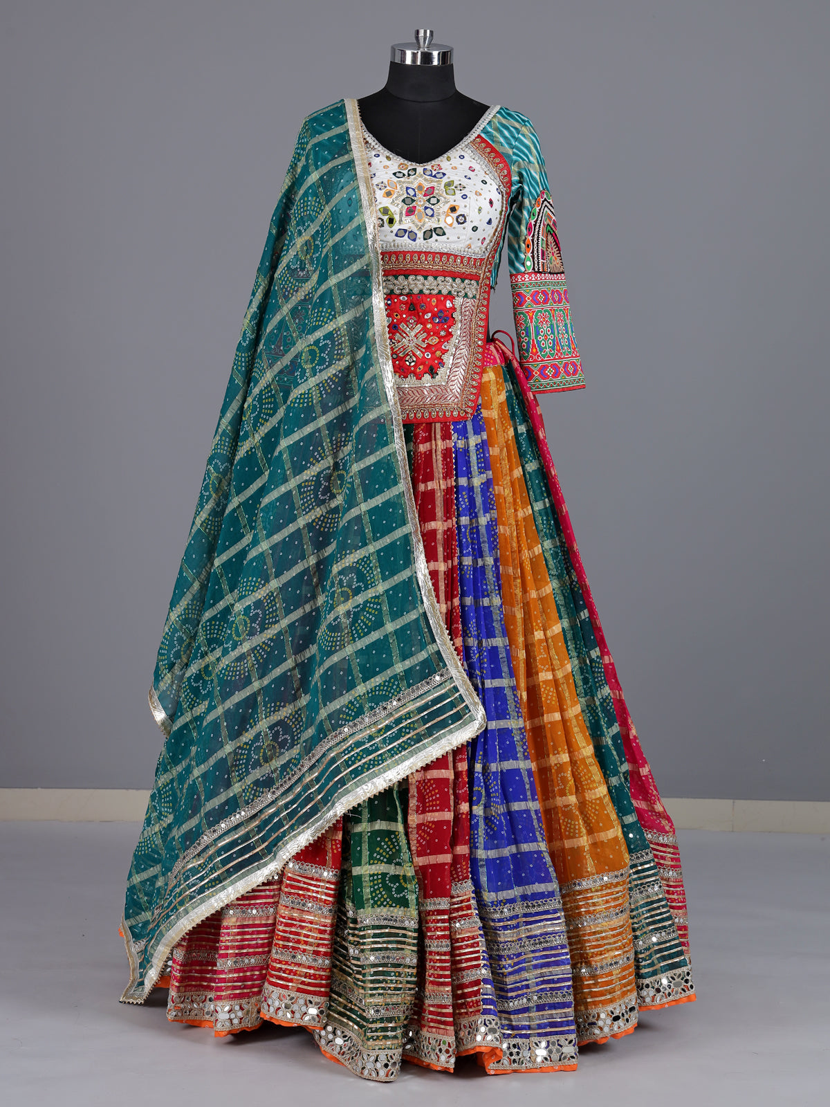 Multicolor georgette lehenga choli with bandhani printed contrast dupatta
