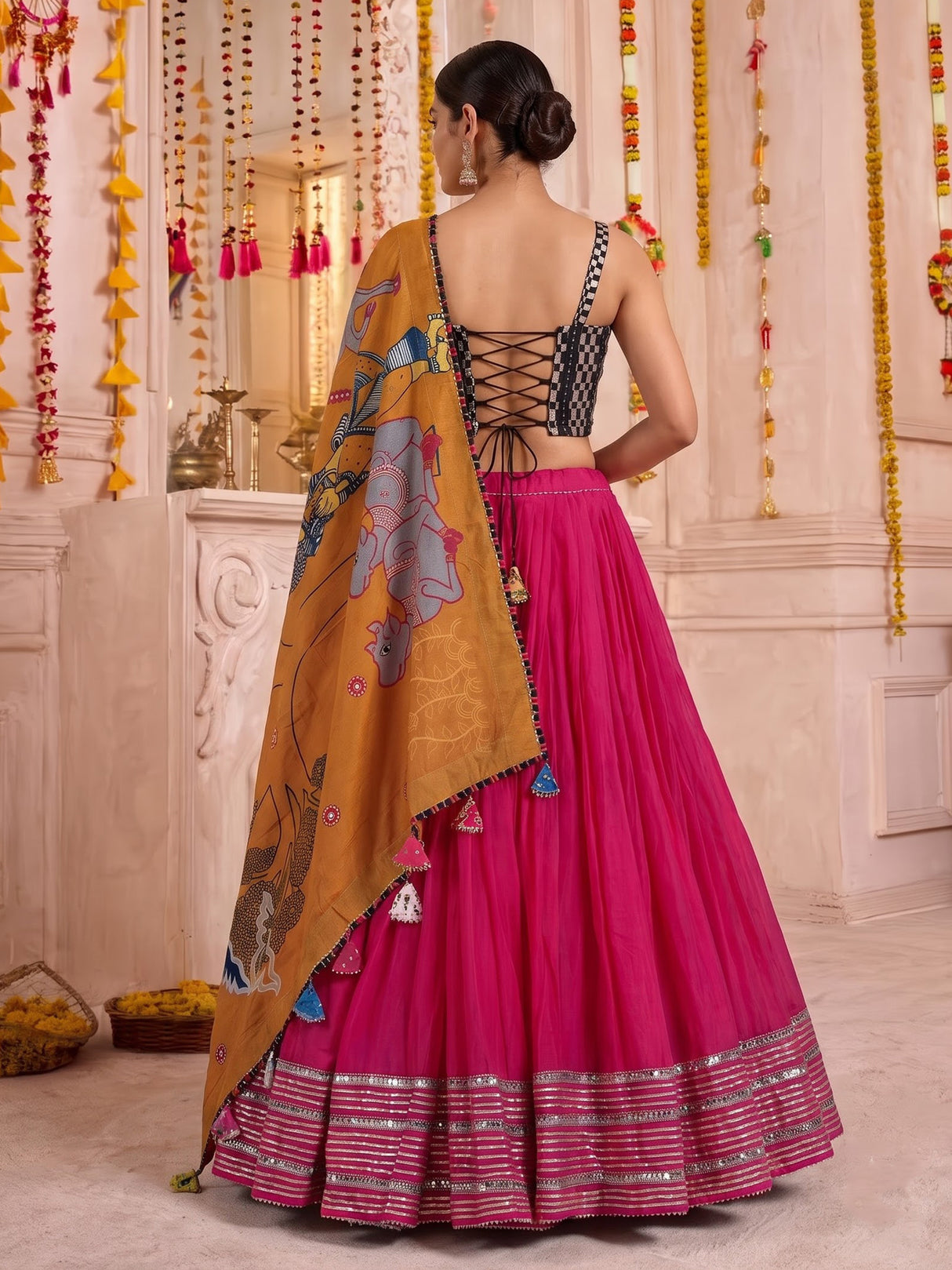 Rani pink pure silk blend lehenga choli with ornate mirror detailing