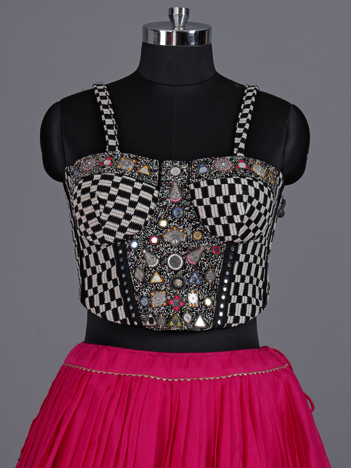 Rani pink pure silk blend lehenga choli with ornate mirror detailing