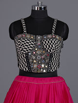 Rani pink pure silk blend lehenga choli with ornate mirror detailing