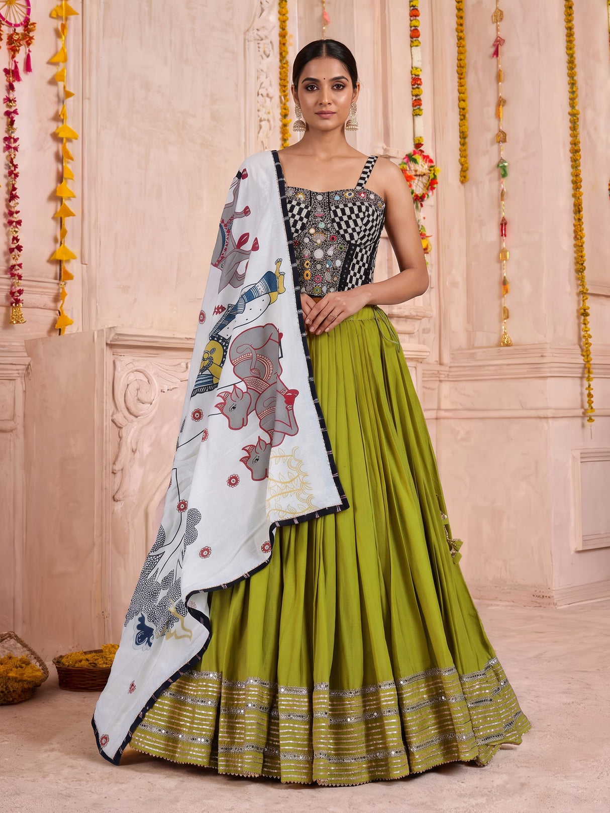 Parrot green pure silk blend lehenga choli with mirror embellishments
