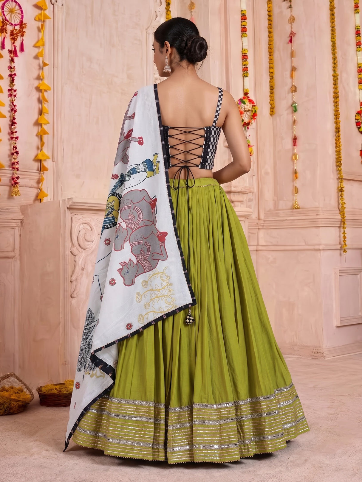 Parrot green pure silk blend lehenga choli with mirror embellishments