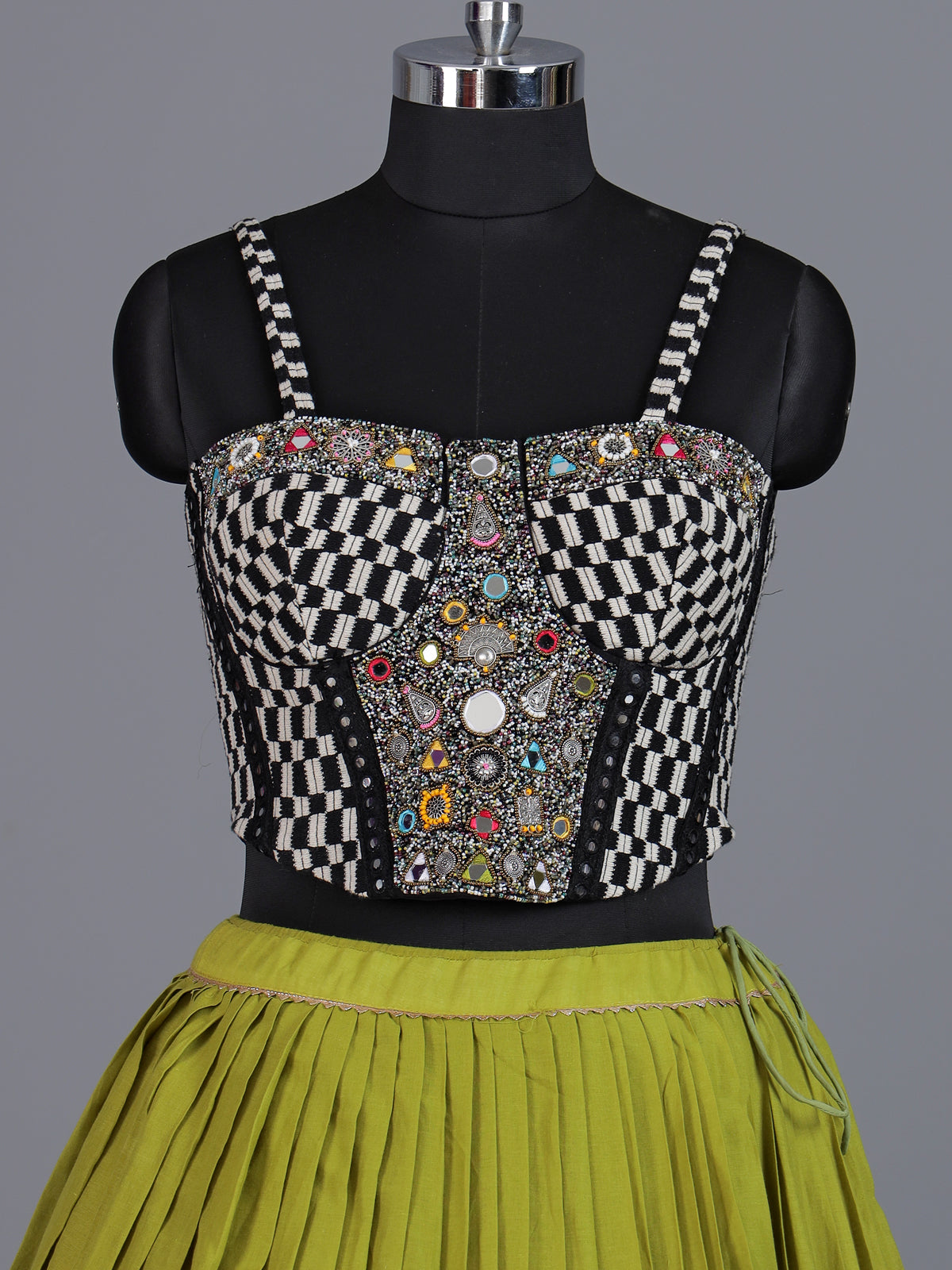 Parrot green pure silk blend lehenga choli with mirror embellishments
