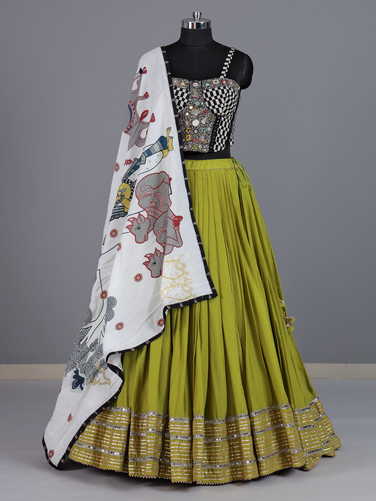Parrot green pure silk blend lehenga choli with mirror embellishments