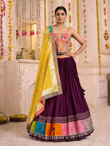 Wine pure silk blend lehenga choli with intricate floral festive detailing