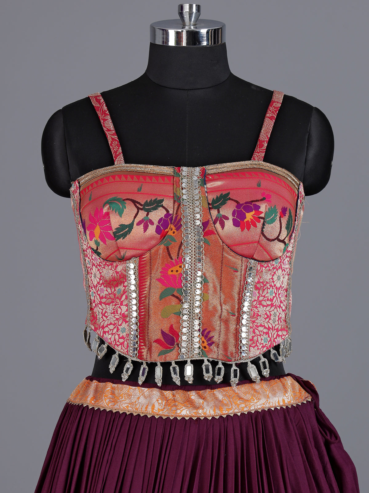 Wine pure silk blend lehenga choli with intricate floral festive detailing