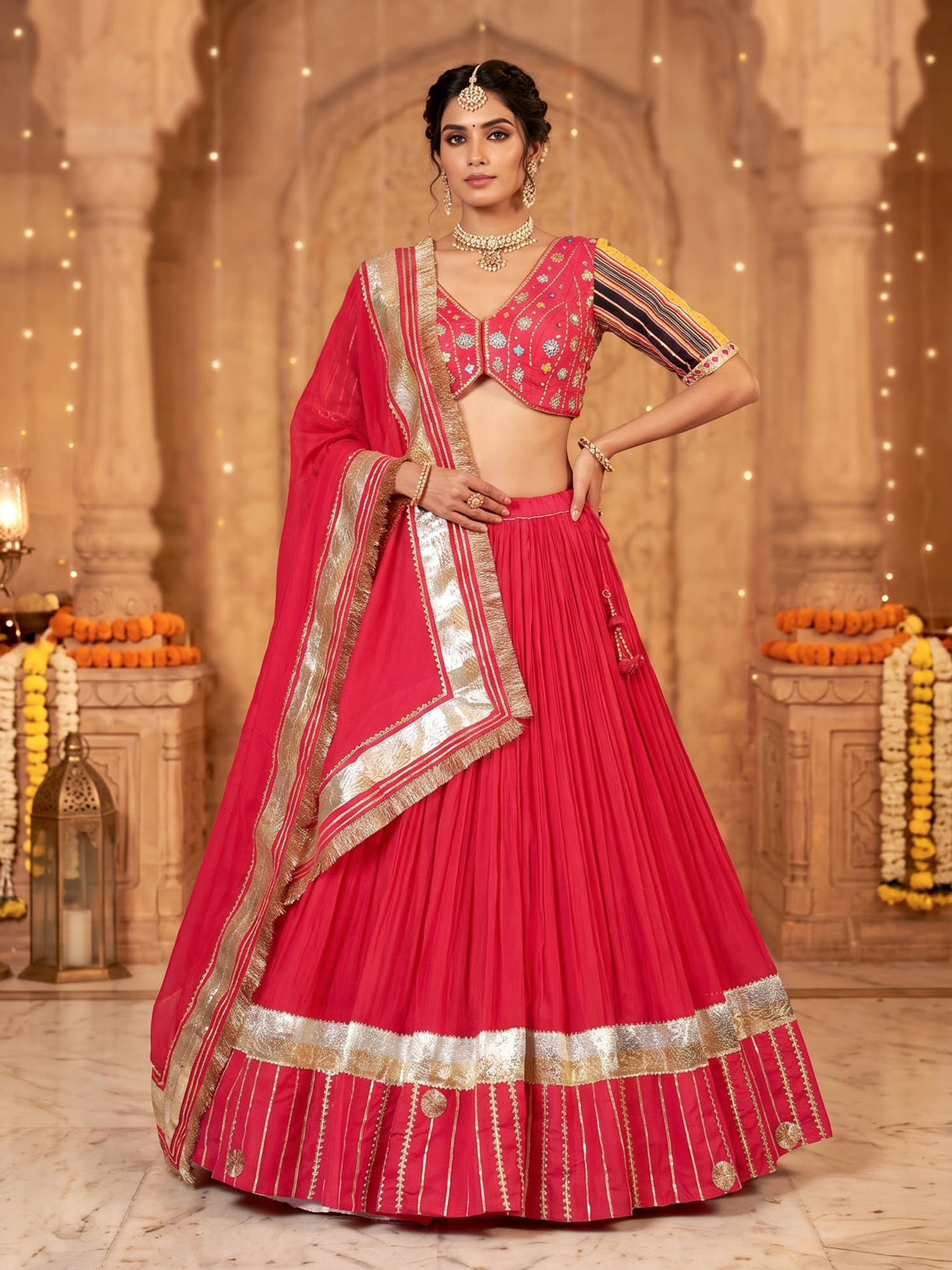 Rani pink chiffon silk lehenga choli with exquisite festive embellishments