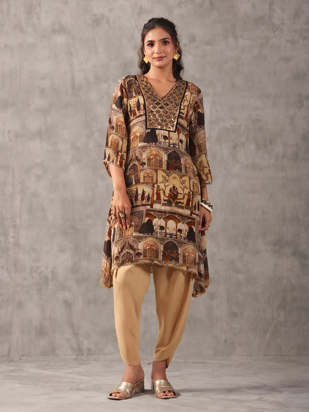 Beige viscose crepe ethnic dhoti suit