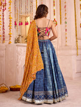 Blue pure silk blend lehenga choli with elegant gota detailing