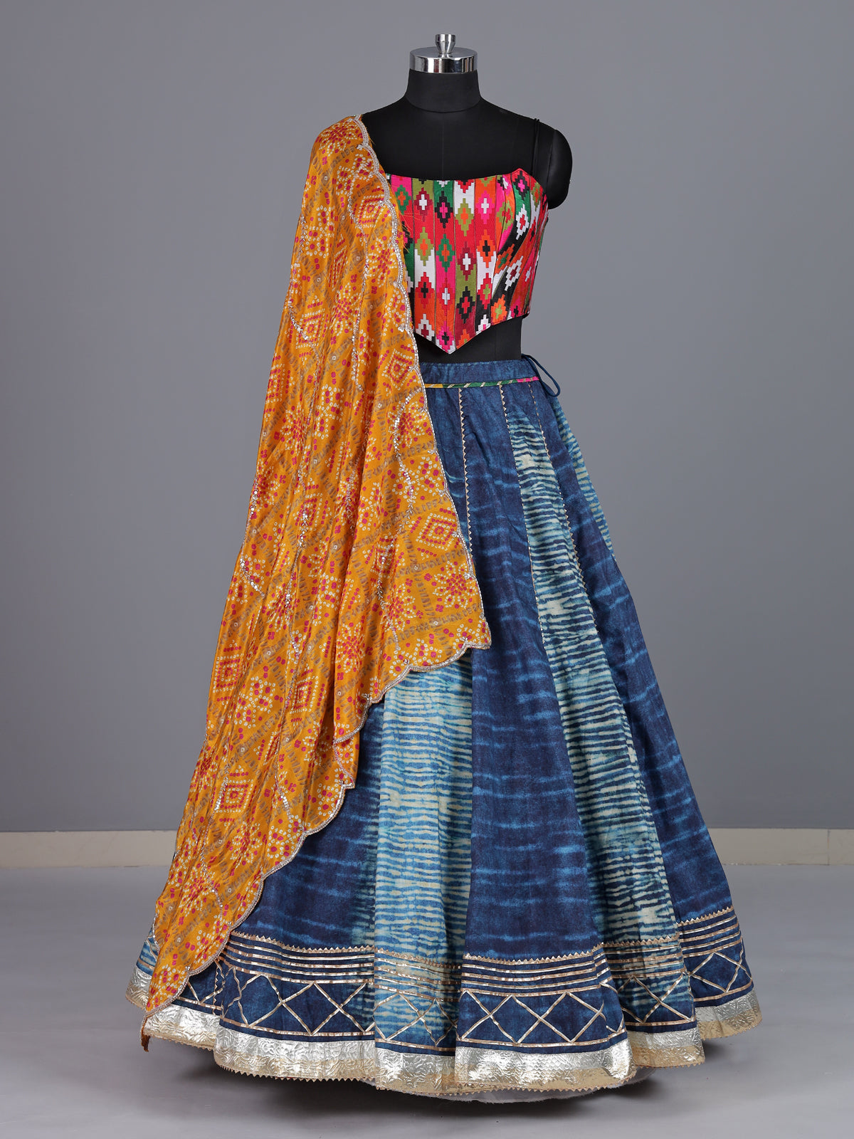 Blue pure silk blend lehenga choli with elegant gota detailing