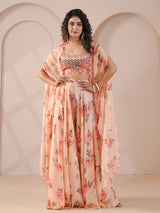 Peach bustier flared pants scallop overlay palazzo suit