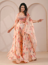 Peach bustier flared pants scallop overlay palazzo suit
