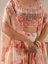 Peach bustier flared pants scallop overlay palazzo suit