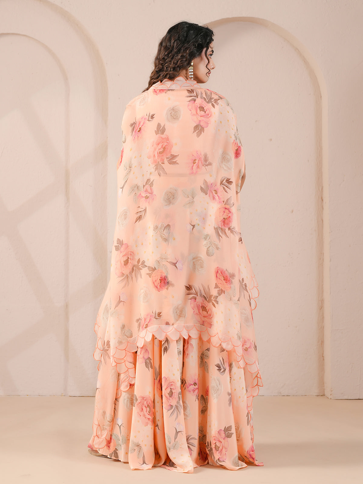 Peach bustier flared pants scallop overlay palazzo suit