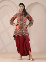 Maroon scalloped hem printed with harem indowestern suit